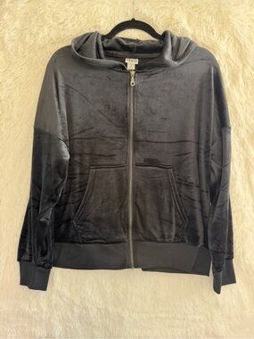 Black Bow Womens Y2K Style Velour Zip-up Hoodie Size L Black Streetwear Grunge